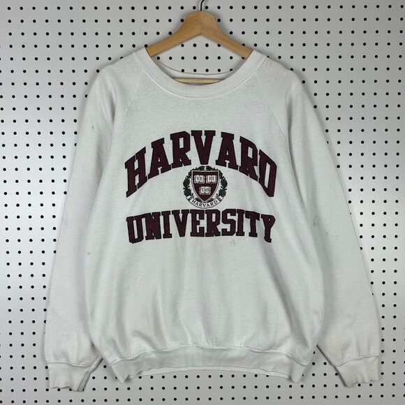 Harvard University 90s Crewneck Large White Crimson Graphic Crest Sweatshirt - Picture 1 of 7